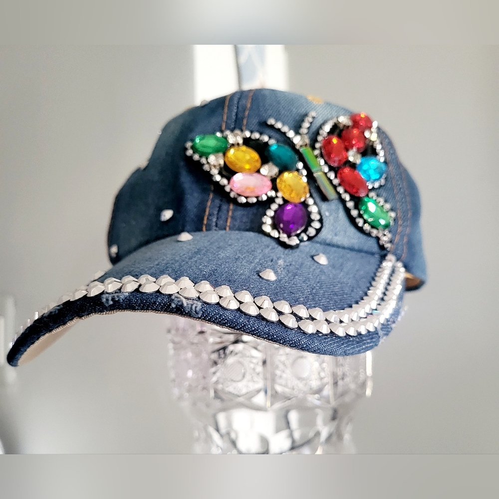 Denim Butterfly Rhinestone Baseball Hat, Adjustable - Picture 12 of 14
